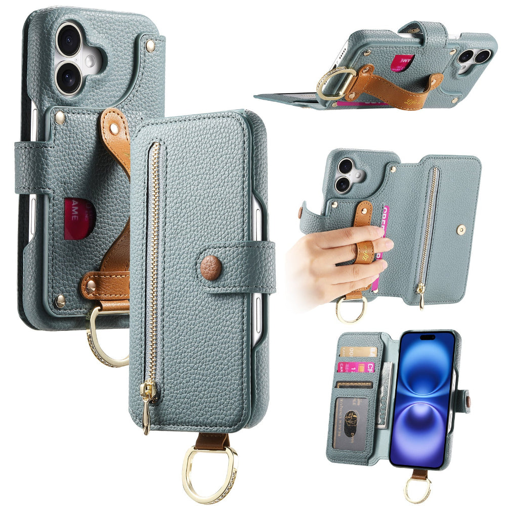 Vegan Leather Wallet Case For iPhone with Wrist Strap