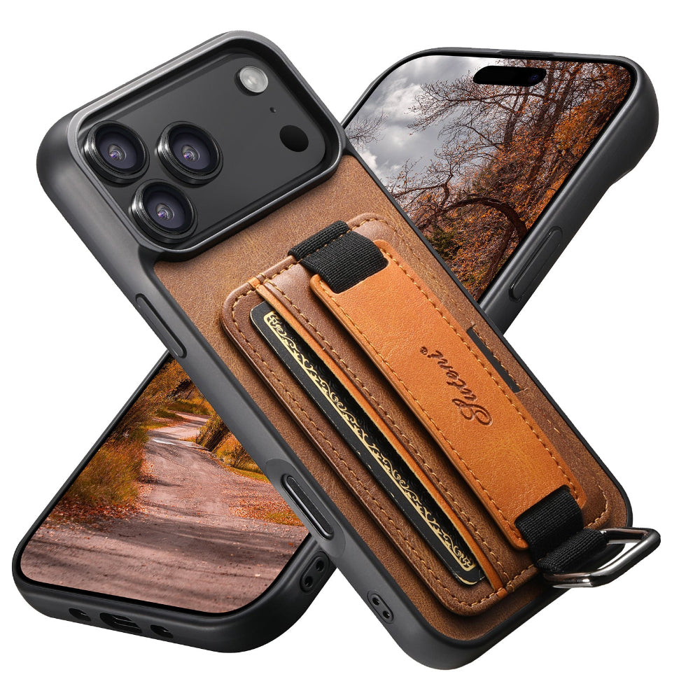 Vegan Leather Case For iPhone With Card Slot And Wrist Strap