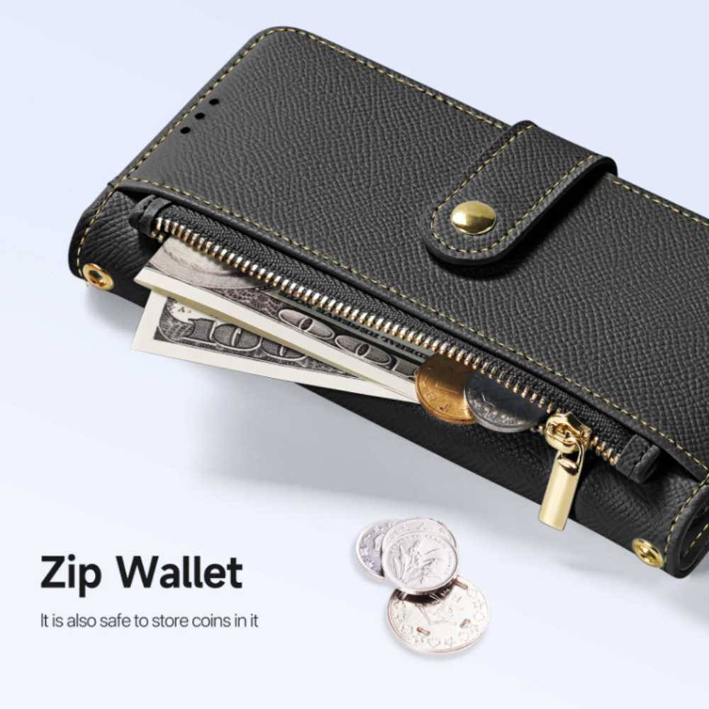 Vegan Leather Wallet Case For iPhone With Zipper Coin Bag