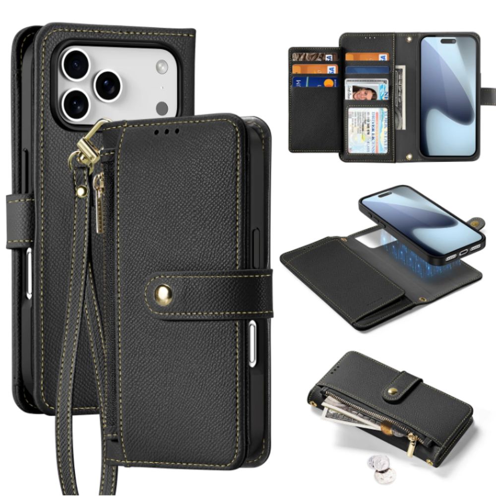 Vegan Leather Wallet Case For iPhone With Zipper Coin Bag
