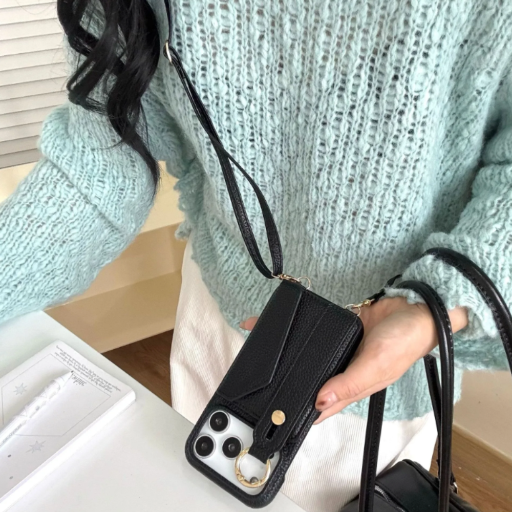 Crossbody Vegan Leather Case For iPhone With Card Slot And Wrist Strap