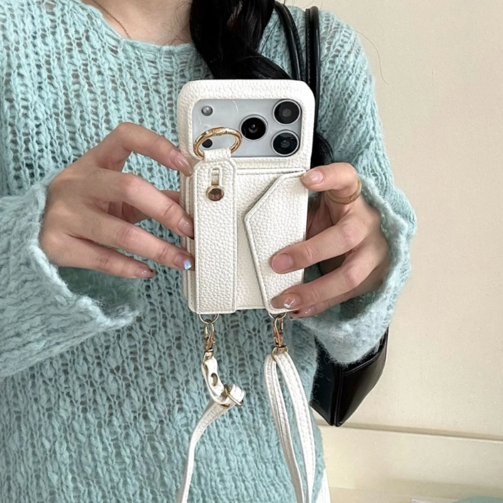 Crossbody Vegan Leather Case For iPhone With Card Slot And Wrist Strap