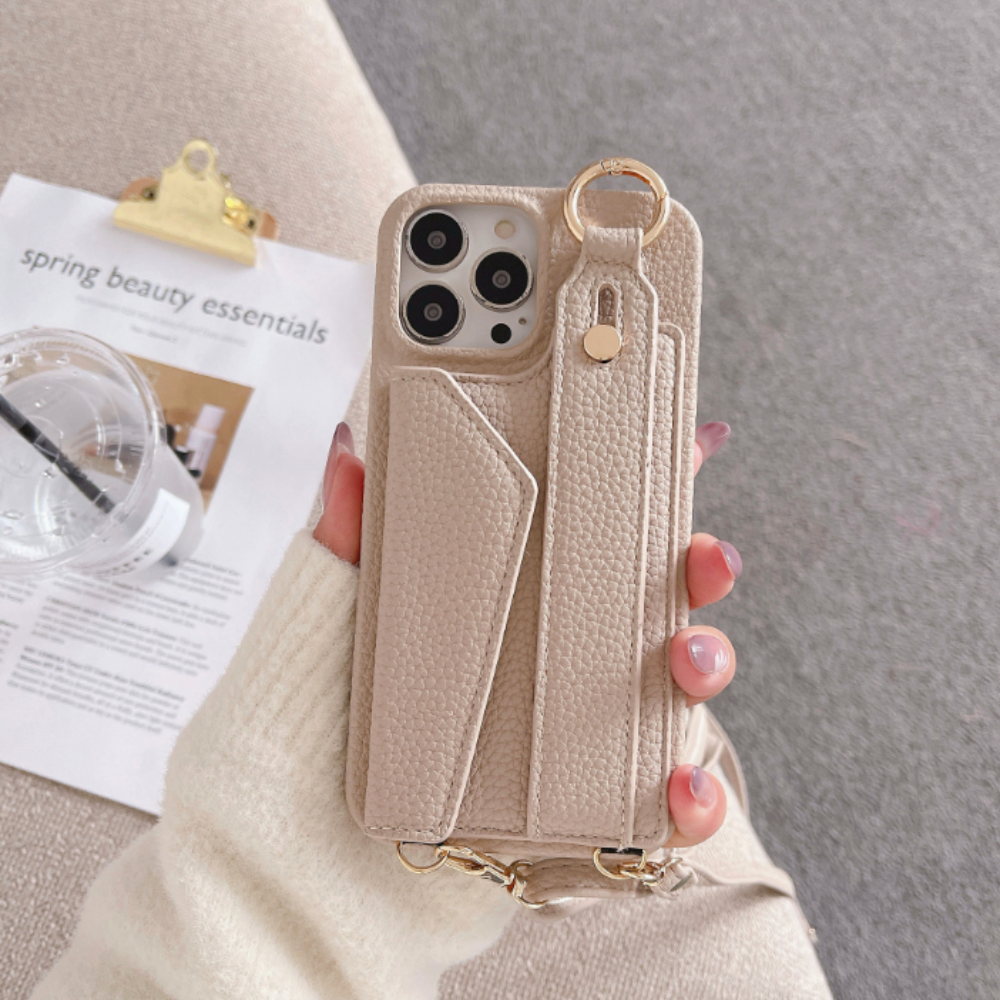 Crossbody Vegan Leather Case For iPhone With Card Slot And Wrist Strap