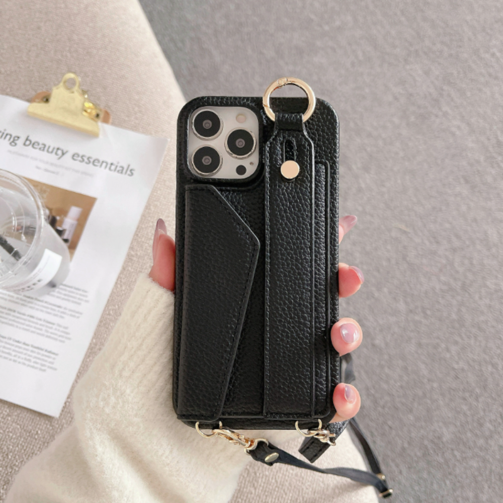 Crossbody Vegan Leather Case For iPhone With Card Slot And Wrist Strap