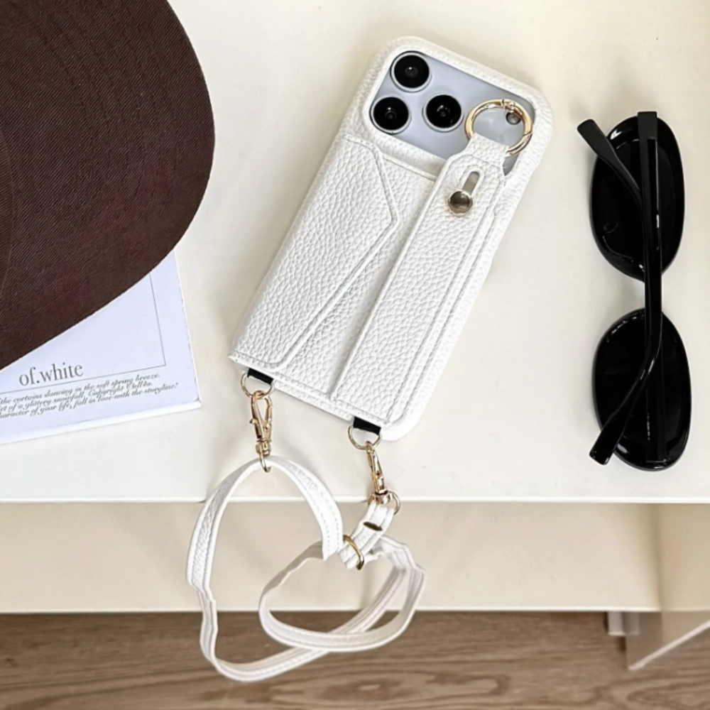 Crossbody Vegan Leather Case For iPhone With Card Slot And Wrist Strap