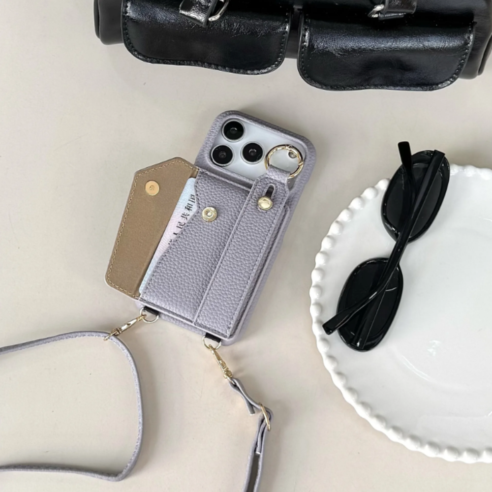 Crossbody Vegan Leather Case For iPhone With Card Slot And Wrist Strap