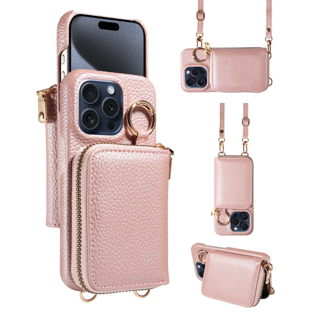 Crossbody Vegan Leather Case For iPhone With A Spacious Card Pouch And Ring