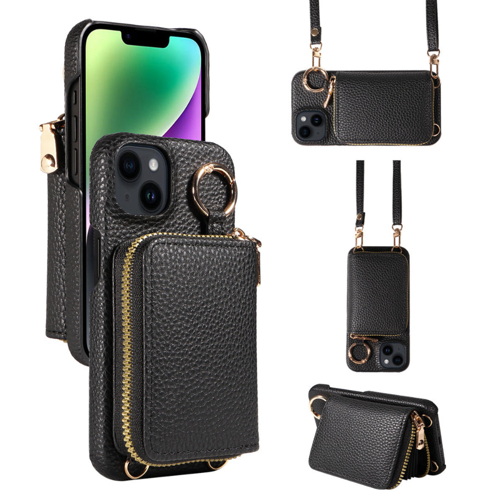 Crossbody Vegan Leather Case For iPhone With A Spacious Card Pouch And Ring