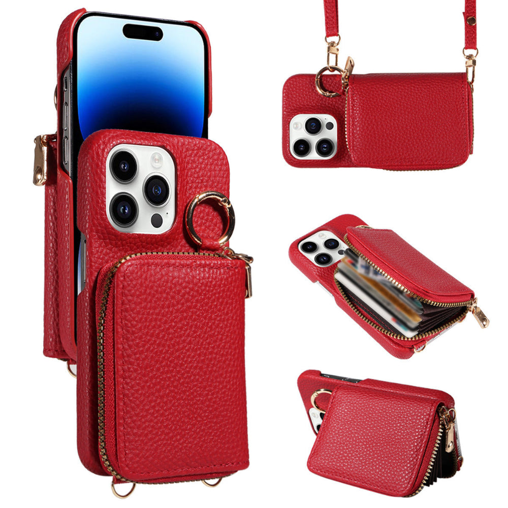 Crossbody Vegan Leather Case For iPhone With A Spacious Card Pouch And Ring