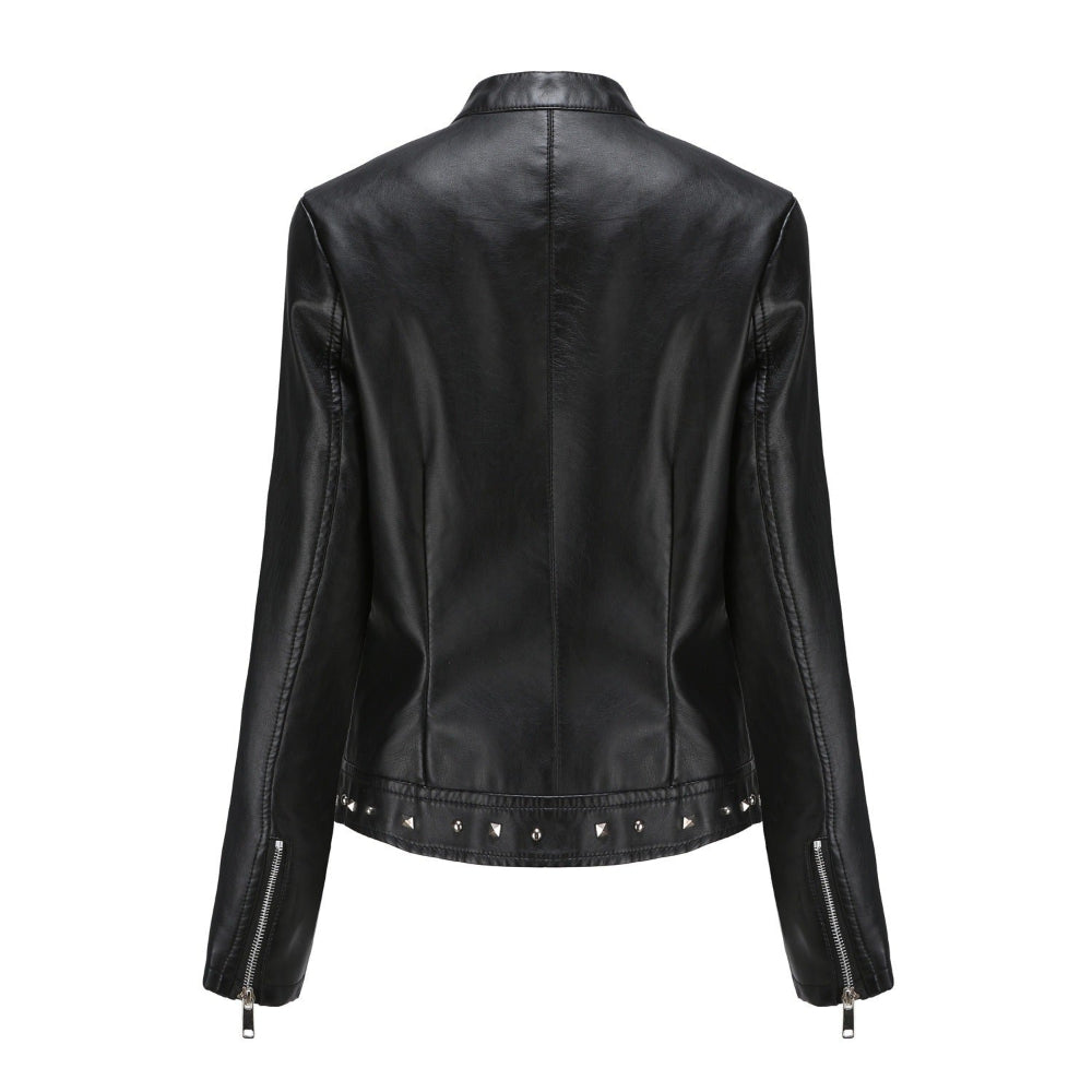 Women's Stand Collar Vegan Leather Jacket With Studs