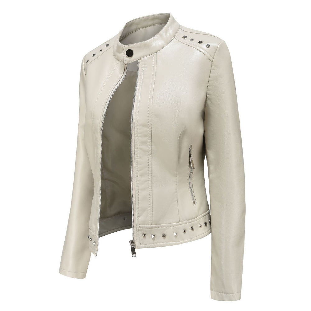 Women's Stand Collar Vegan Leather Jacket With Studs