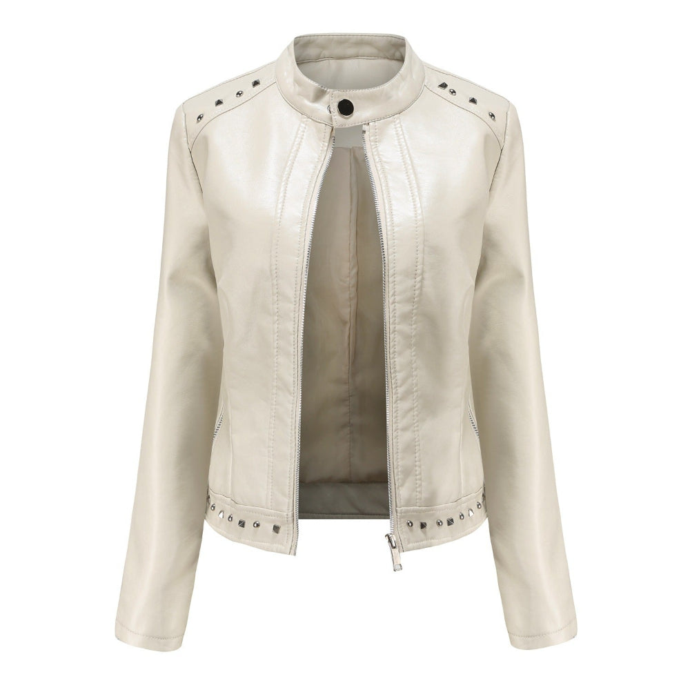 Women's Stand Collar Vegan Leather Jacket With Studs