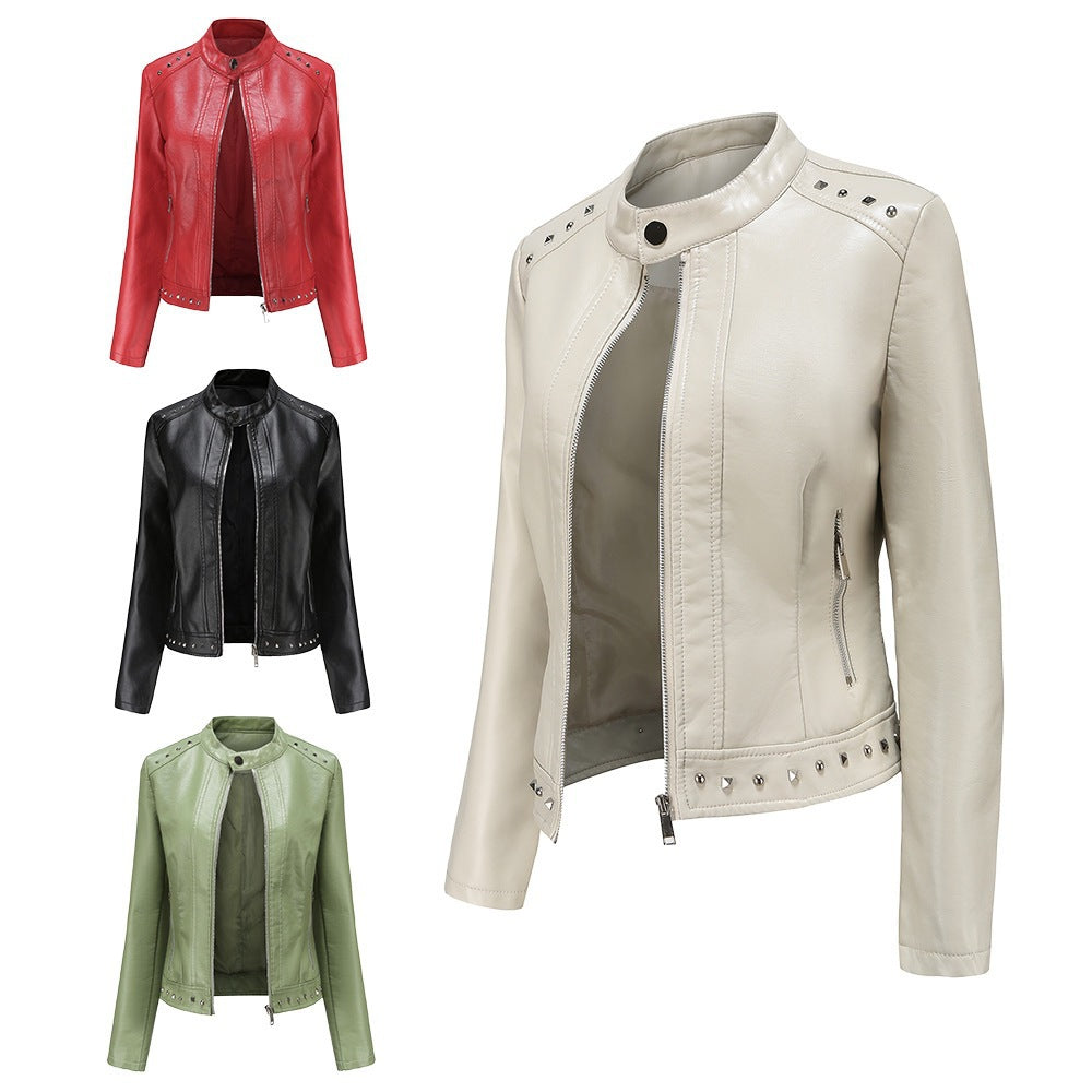 Women's Stand Collar Vegan Leather Jacket With Studs