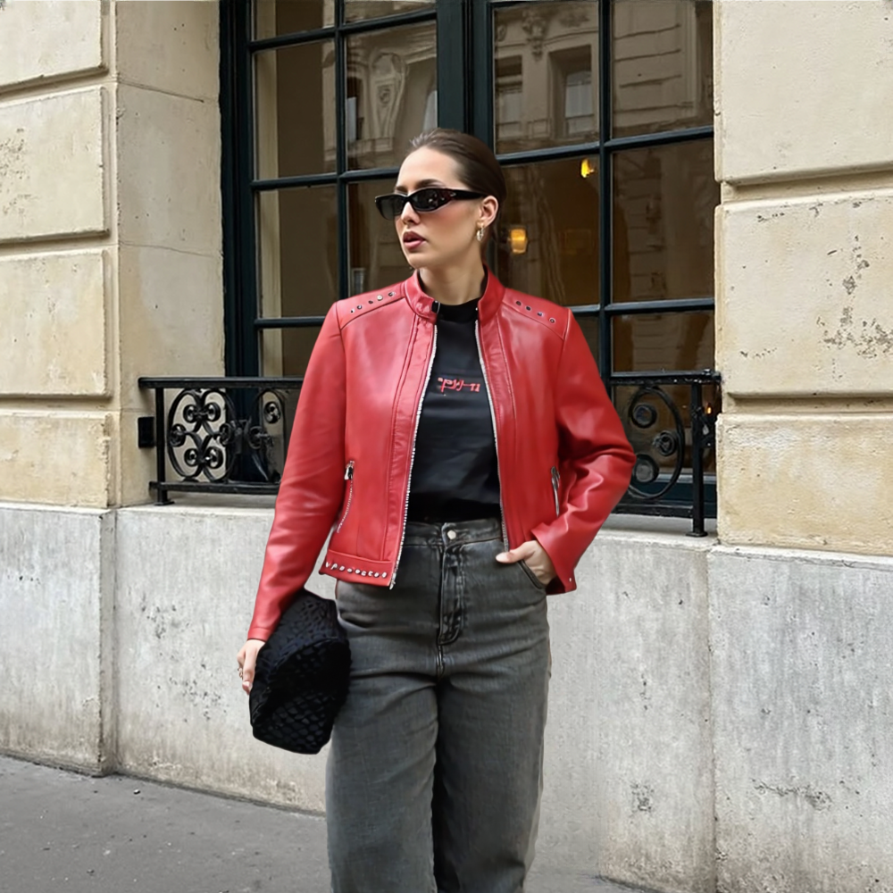 Women's Stand Collar Vegan Leather Jacket With Studs