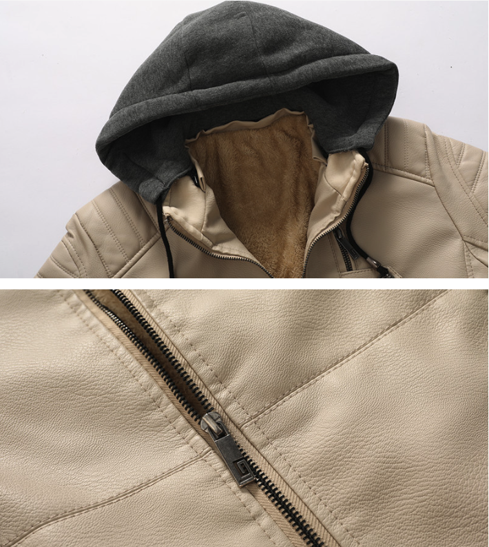 Mens Vegan Leather Hooded Jacket With Inner Faux Fur Lining
