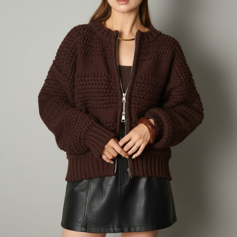 Womens Double Zip Chunky Knit Cardigan