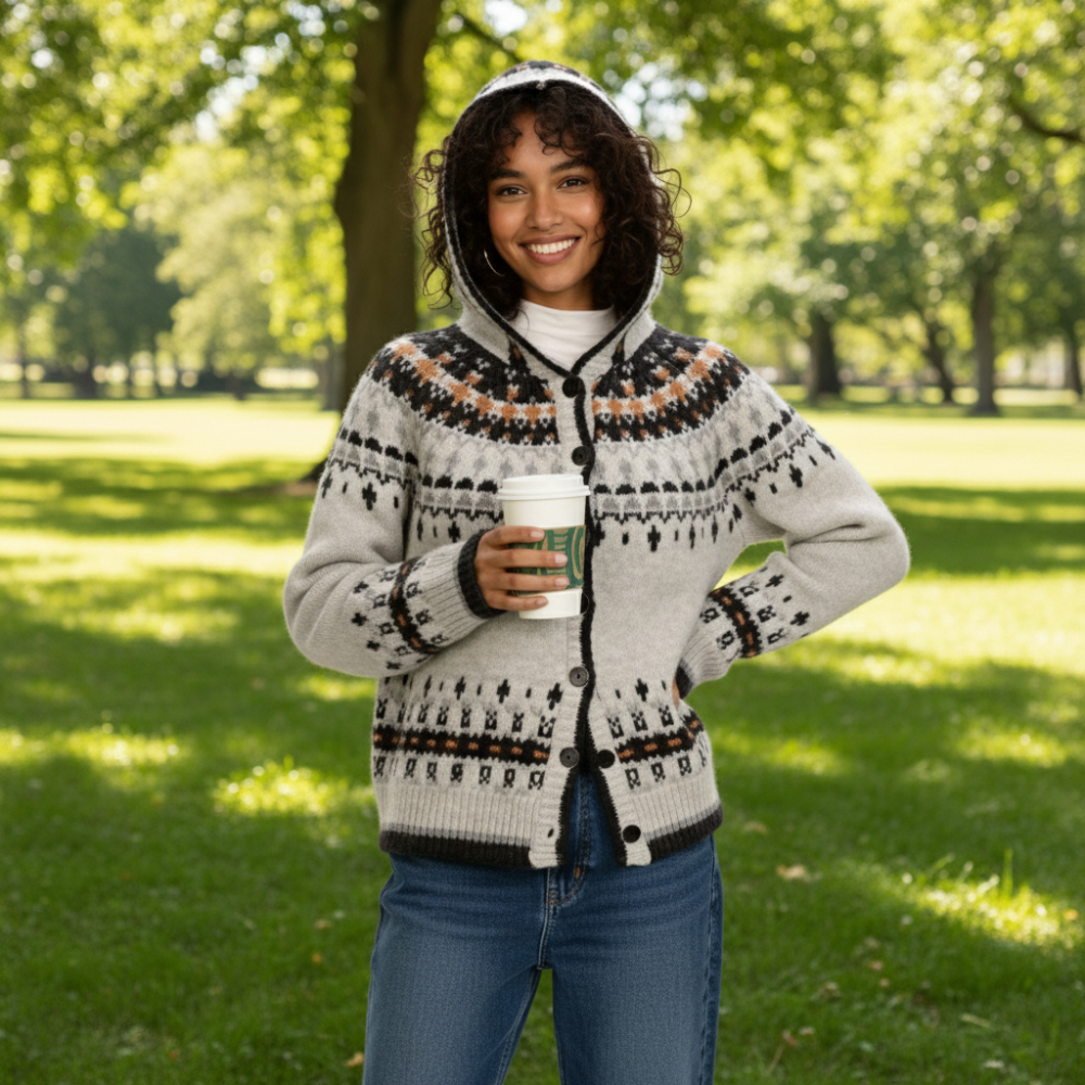 Womens Jacquard Hooded Cardigan