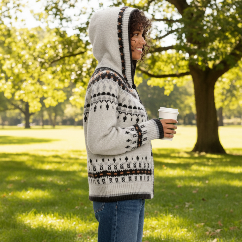 Womens Jacquard Hooded Cardigan