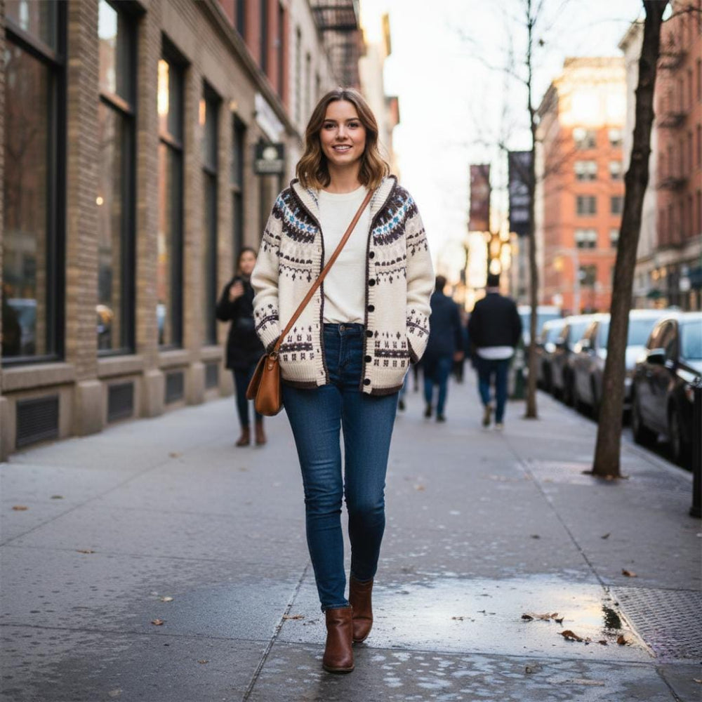 Womens Jacquard Hooded Cardigan
