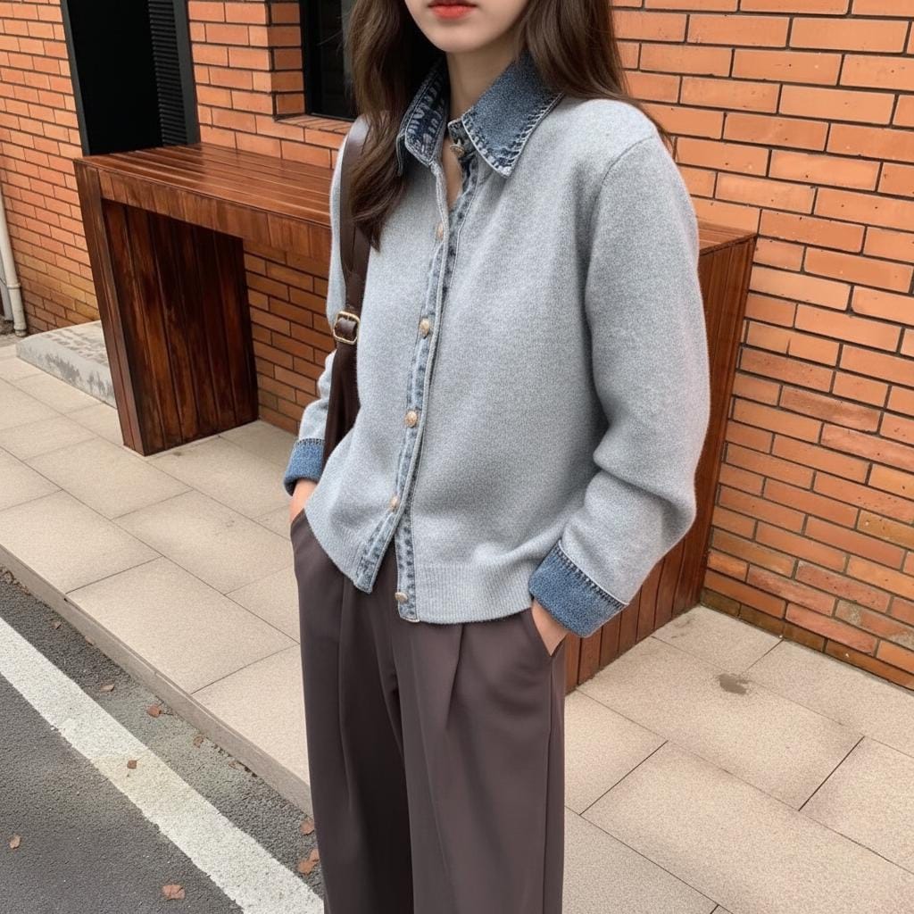 Womens Button Down Sweater With Denim Details