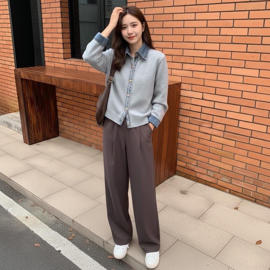 Womens Button Down Sweater With Denim Details