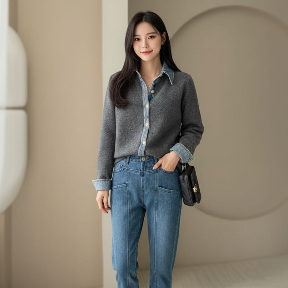 Womens Button Down Sweater With Denim Details