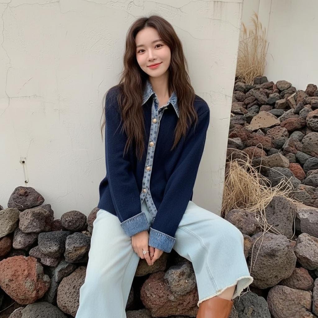 Womens Button Down Sweater With Denim Details
