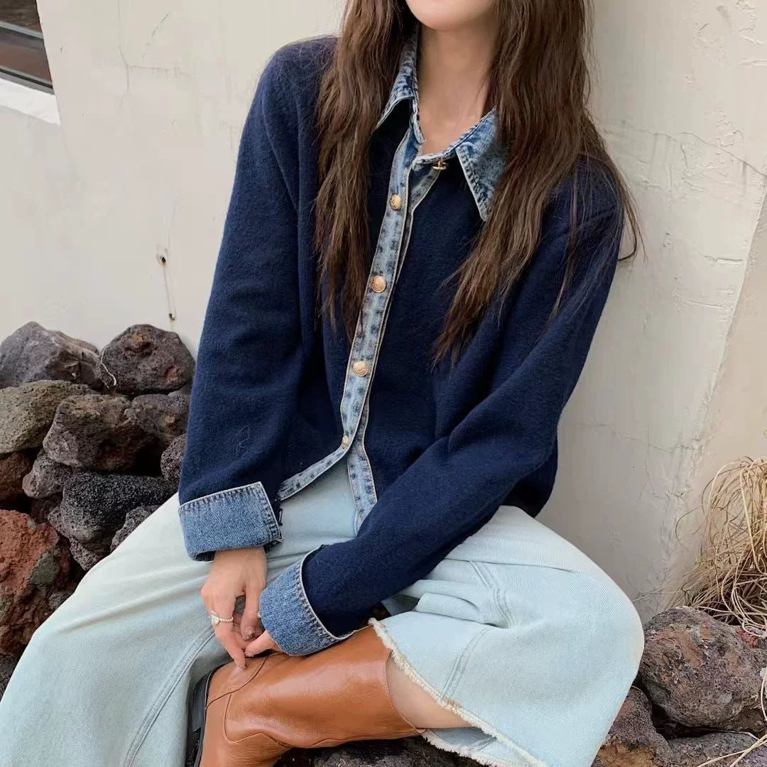 Womens Button Down Sweater With Denim Details