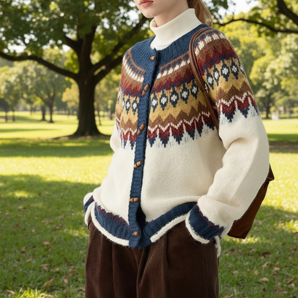 Womens Fair Isle Pattern Cardigan With Bamboo Style Button
