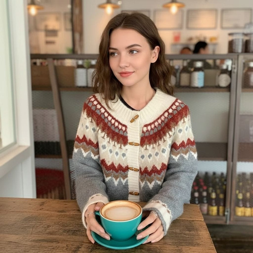 Womens Fair Isle Pattern Cardigan With Bamboo Style Button
