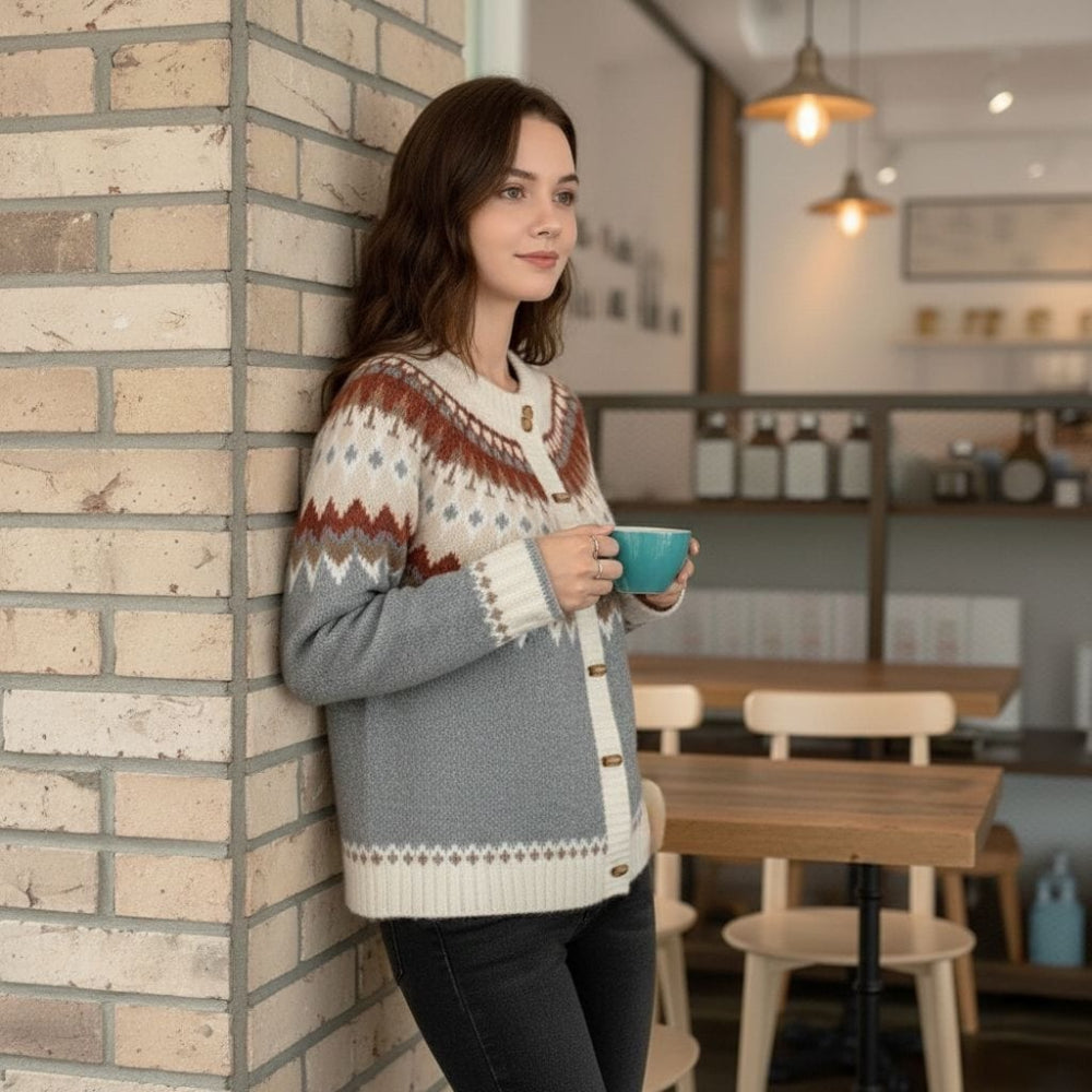Womens Fair Isle Pattern Cardigan With Bamboo Style Button