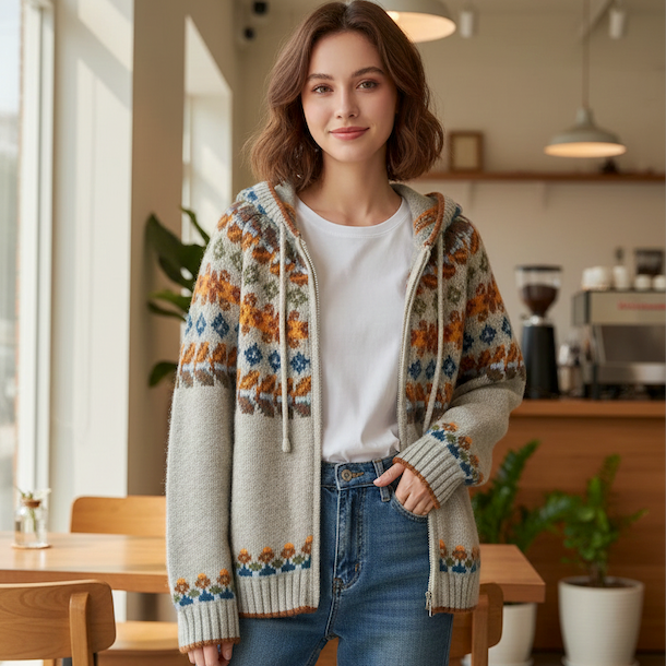 Womens Hooded Zipper Cardigan With Prints