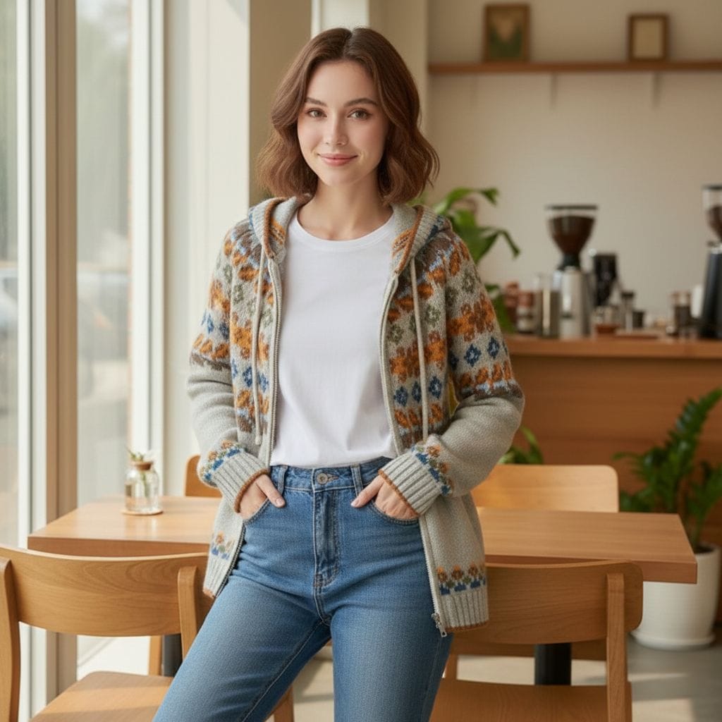 Womens Hooded Zipper Cardigan With Prints
