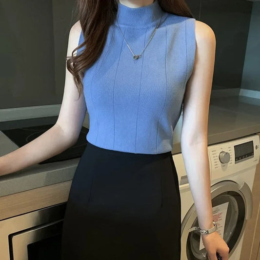 Womens Korean Theme High Collar Sleeveless Top