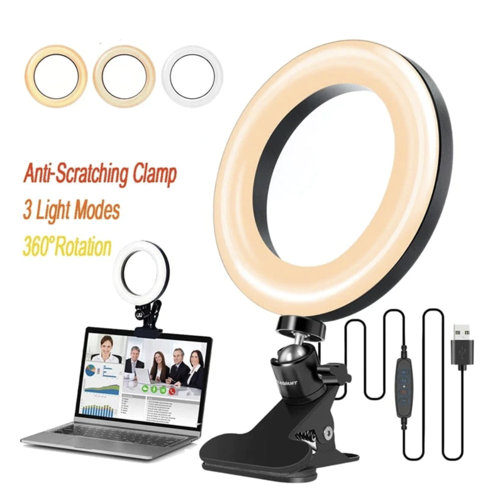 Ring light with stand, clamp, and control panel on a white background
