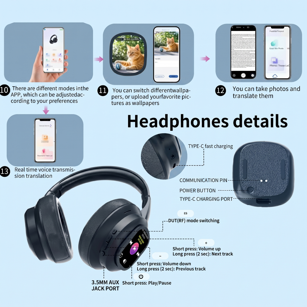 AI Smart Wireless Headphones with Detachable Touch Screen