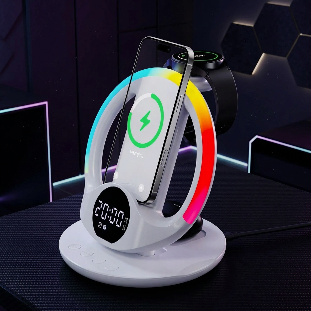 5-in-1 RGB Ambient Wireless Charging Station with Alarm Clock