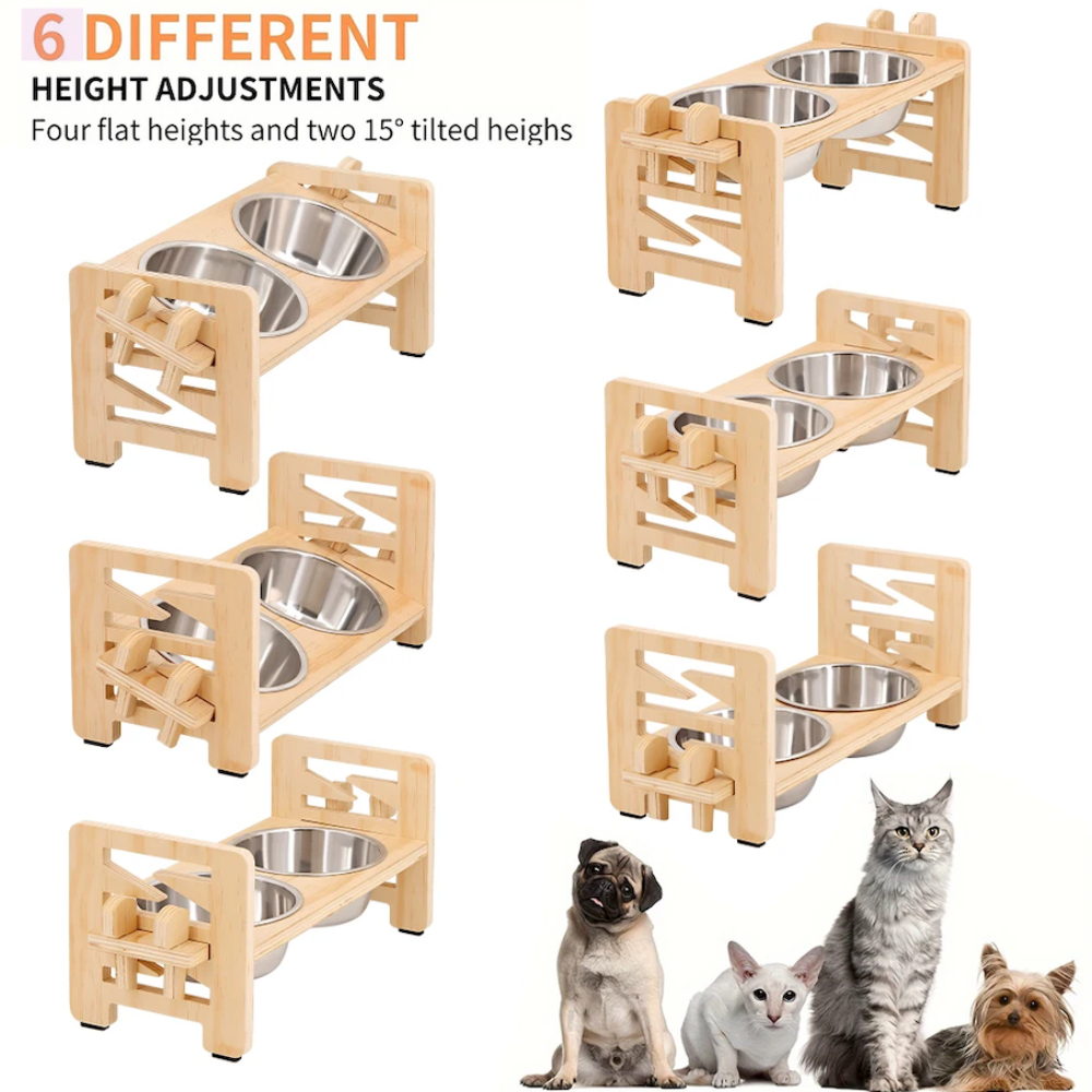 Adjustable Elevated Wooden Pet Feeder Stand with 2 Stainless Steel Bowls