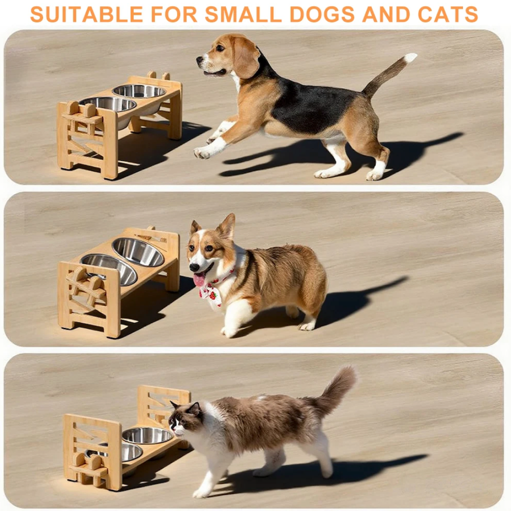 Adjustable Elevated Wooden Pet Feeder Stand with 2 Stainless Steel Bowls