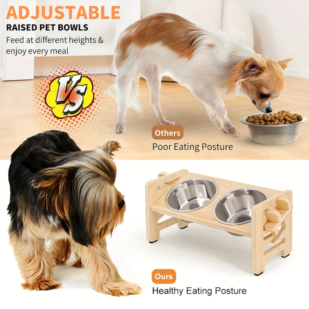 Adjustable Elevated Wooden Pet Feeder Stand with 2 Stainless Steel Bowls