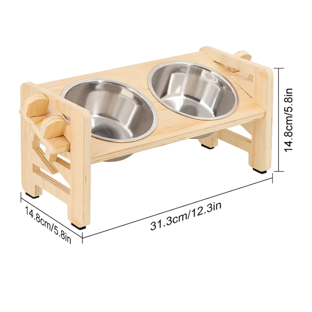 Adjustable Elevated Wooden Pet Feeder Stand with 2 Stainless Steel Bowls