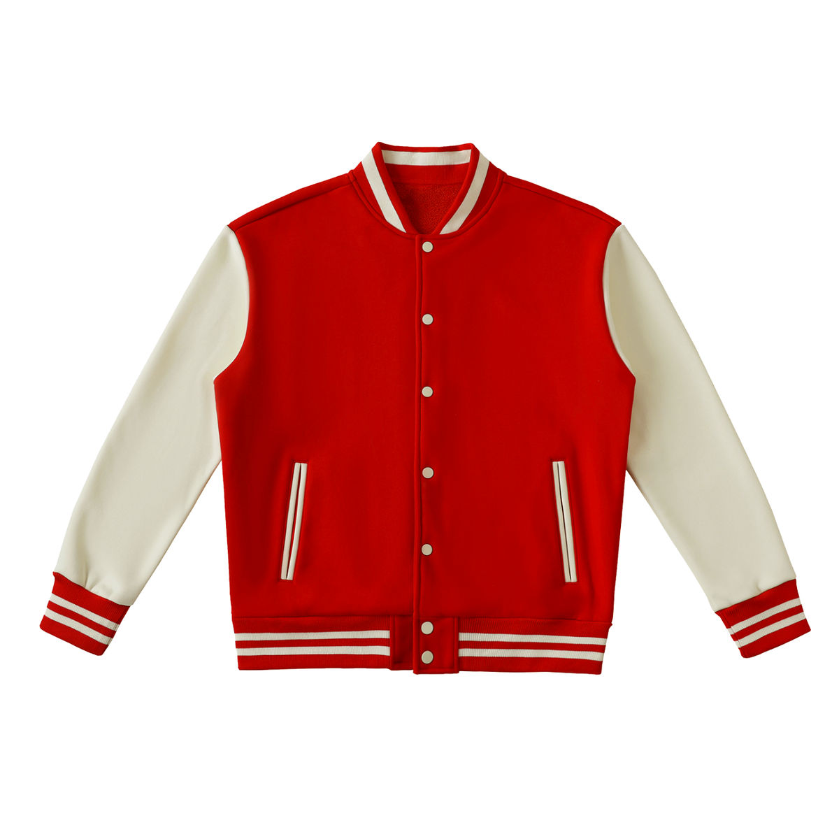 A red and cream varsity jacket with cream sleeves, striped ribbed cuffs and hem, and a button front, shown on a plain white background.
