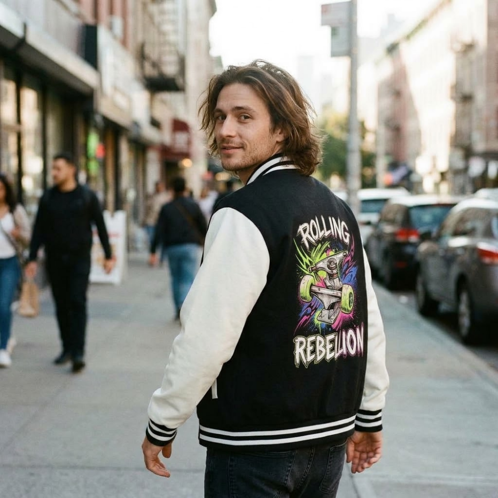 Rolling Rebel Theme Two-Tone Fleeced Varsity Jacket