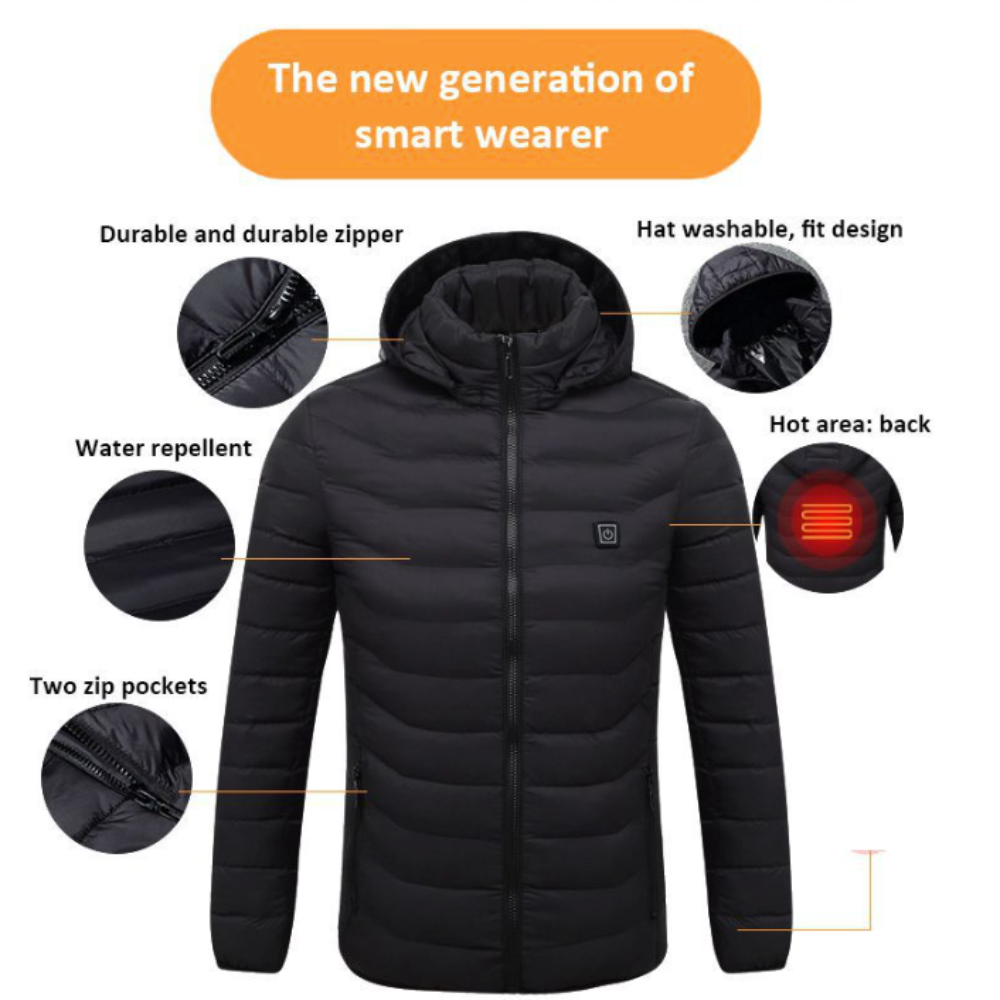 Windproof USB Heated Winter Jacket with Removable Hood