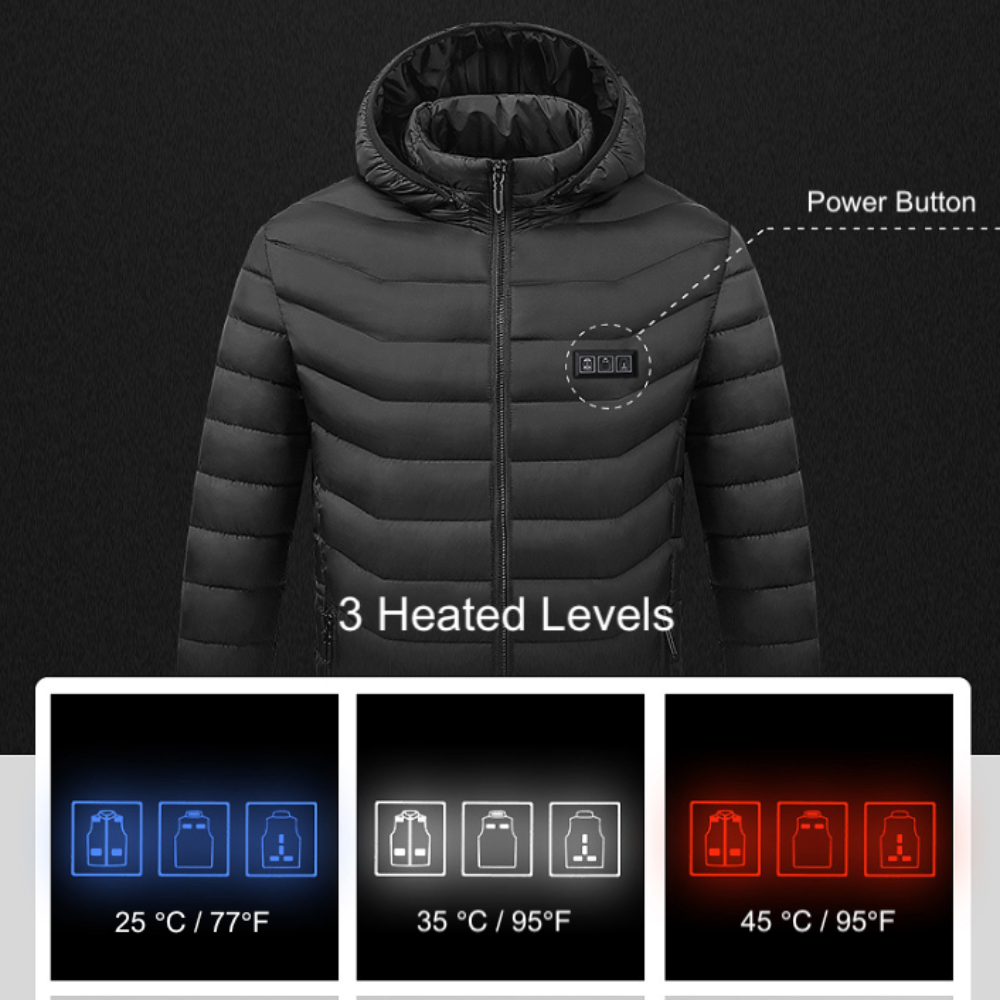 Windproof USB Heated Winter Jacket with Removable Hood