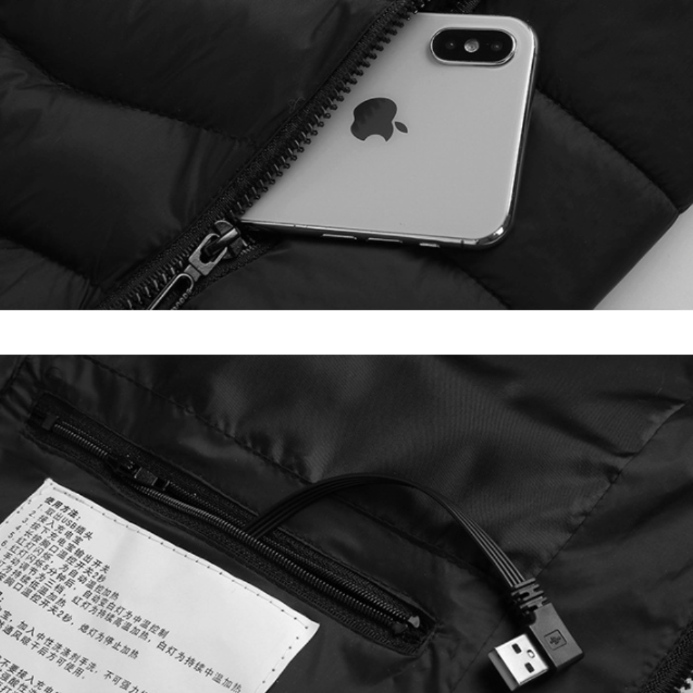 Windproof USB Heated Winter Jacket with Removable Hood
