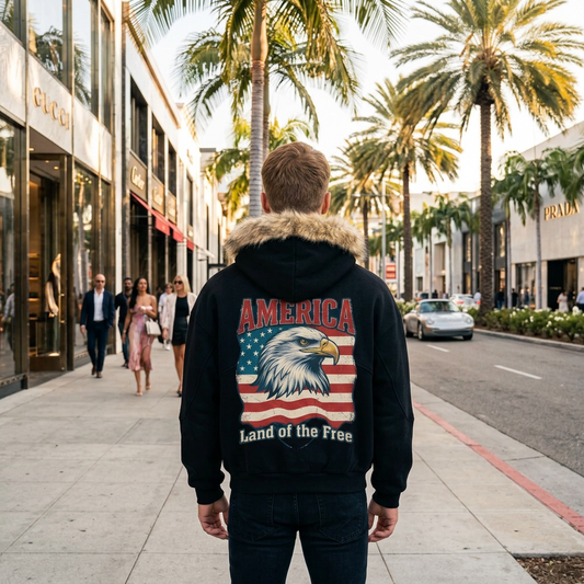 A black hooded sweatshirt shown from the back, featuring a large graphic print of an eagle head over an American flag with the words 'AMERICA' above and 'Land of the Free' below.