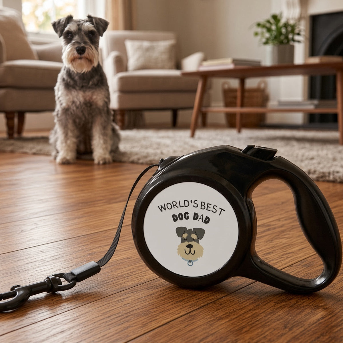 A black retractable dog leash with a round white label reading 'WORLD'S BEST DOG DAD' and a cartoon dog face, shown on a wooden floor in a living room with a small gray-and-white dog sitting in the background.
