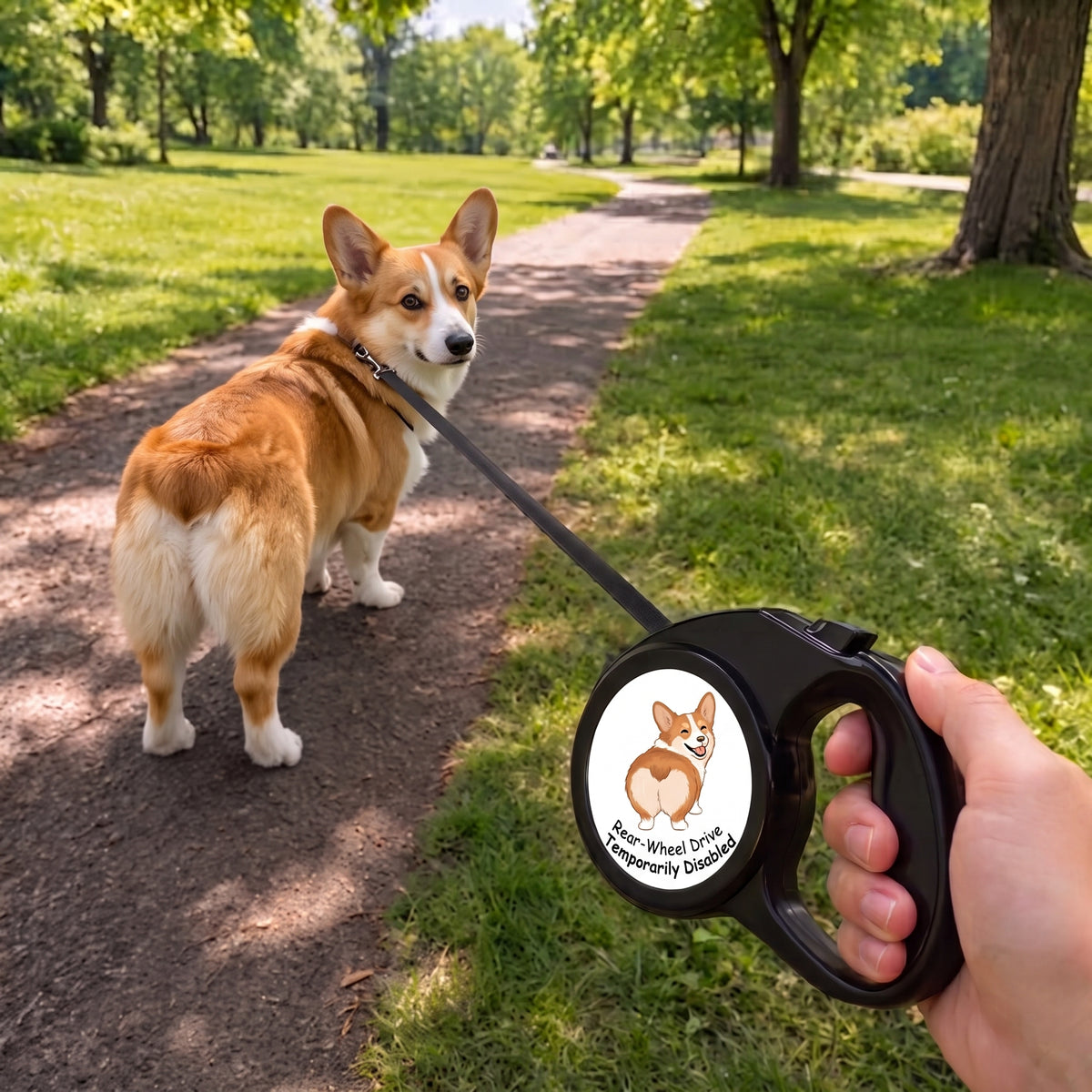 Retractable Leash - 'Rear-Wheel Drive Temporarily Disabled' Corgi Design