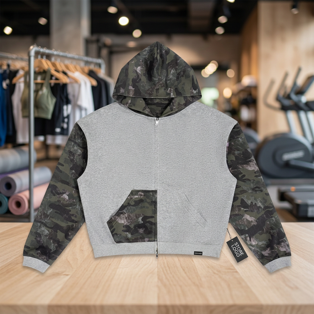 Football Theme Colorblock Camo Full Zip Boxy Hoodie